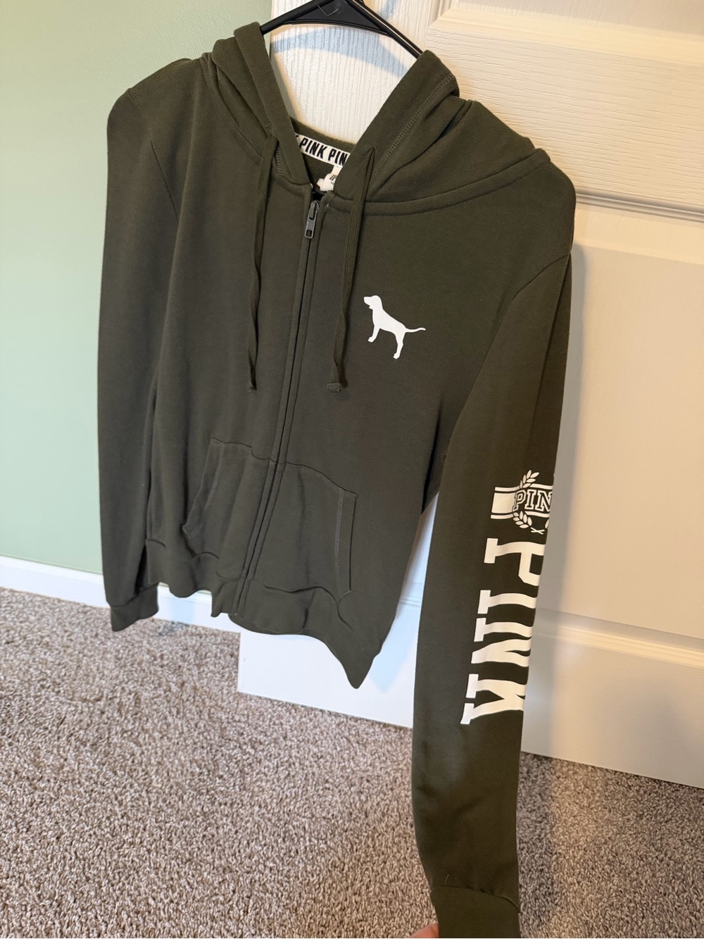 Victoria's Secret PINK Olive Green Zip Hoodie with Dog Logo